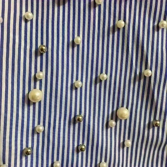 Kontrol Button Blue and White Stripe Long Sleeve Blouse with Pearl Studs Size M - Picture 7 of 11